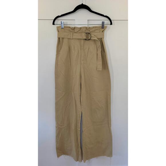 Boyish Clancy Paperbag Pleated Chino in Beige Size 26 Belted Fringe Hem Stretch - Picture 2 of 6